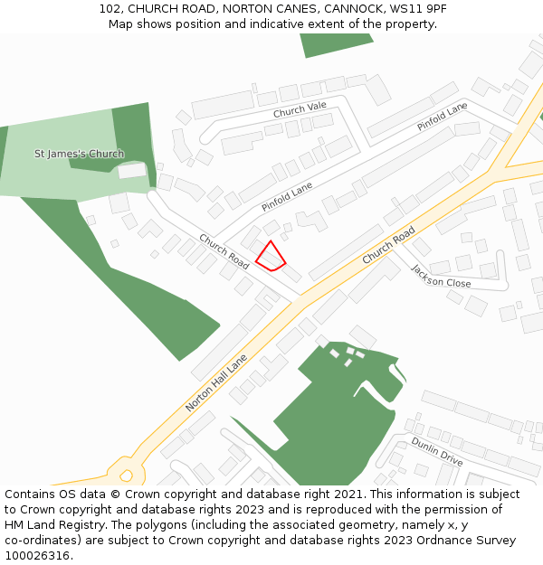 102, CHURCH ROAD, NORTON CANES, CANNOCK, WS11 9PF: Location map and indicative extent of plot