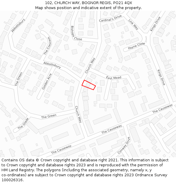 102, CHURCH WAY, BOGNOR REGIS, PO21 4QX: Location map and indicative extent of plot