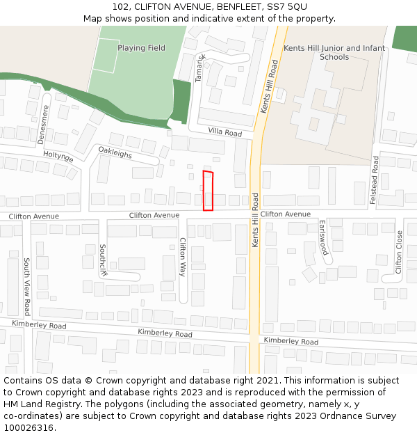 102, CLIFTON AVENUE, BENFLEET, SS7 5QU: Location map and indicative extent of plot