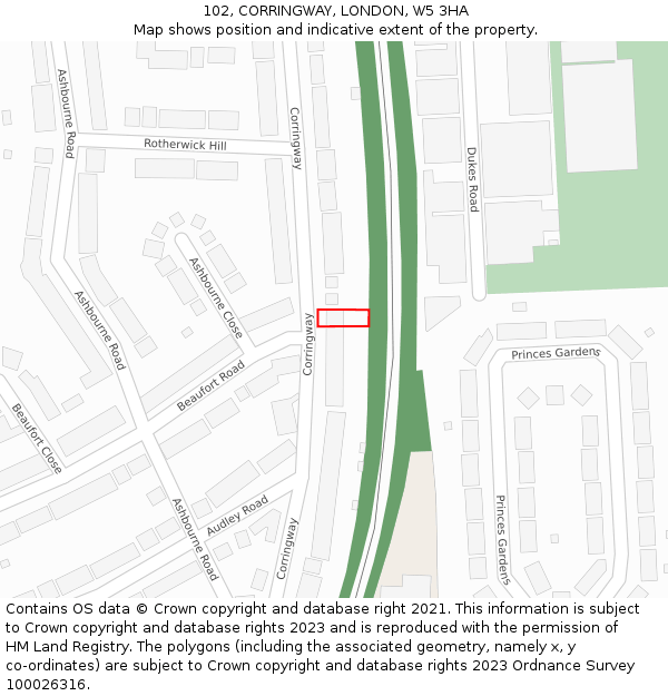 102, CORRINGWAY, LONDON, W5 3HA: Location map and indicative extent of plot