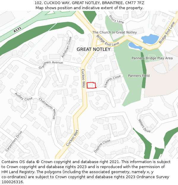 102, CUCKOO WAY, GREAT NOTLEY, BRAINTREE, CM77 7FZ: Location map and indicative extent of plot