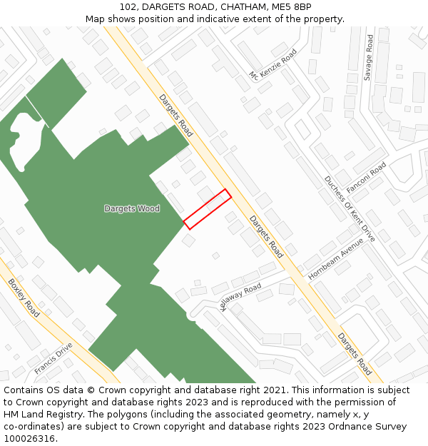 102, DARGETS ROAD, CHATHAM, ME5 8BP: Location map and indicative extent of plot