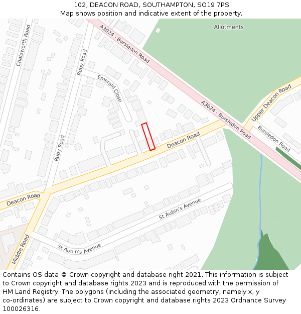 102, DEACON ROAD, SOUTHAMPTON, SO19 7PS: Location map and indicative extent of plot