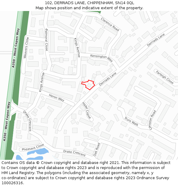 102, DERRIADS LANE, CHIPPENHAM, SN14 0QL: Location map and indicative extent of plot