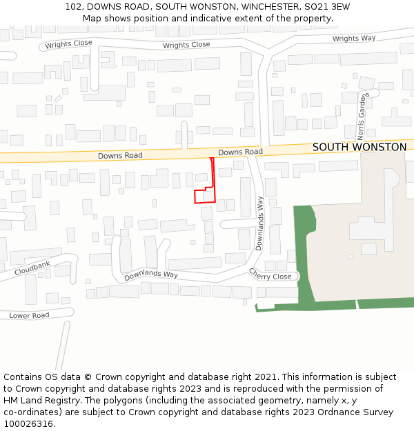 102, DOWNS ROAD, SOUTH WONSTON, WINCHESTER, SO21 3EW: Location map and indicative extent of plot