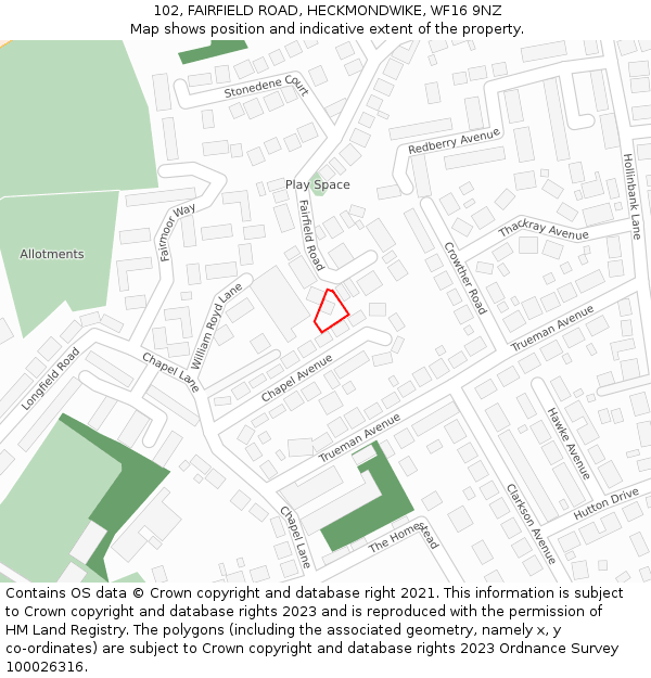102, FAIRFIELD ROAD, HECKMONDWIKE, WF16 9NZ: Location map and indicative extent of plot
