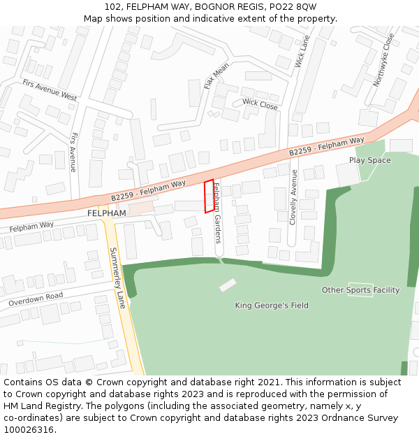 102, FELPHAM WAY, BOGNOR REGIS, PO22 8QW: Location map and indicative extent of plot