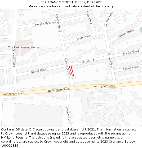 102, FRANCIS STREET, DERBY, DE21 6DE: Location map and indicative extent of plot