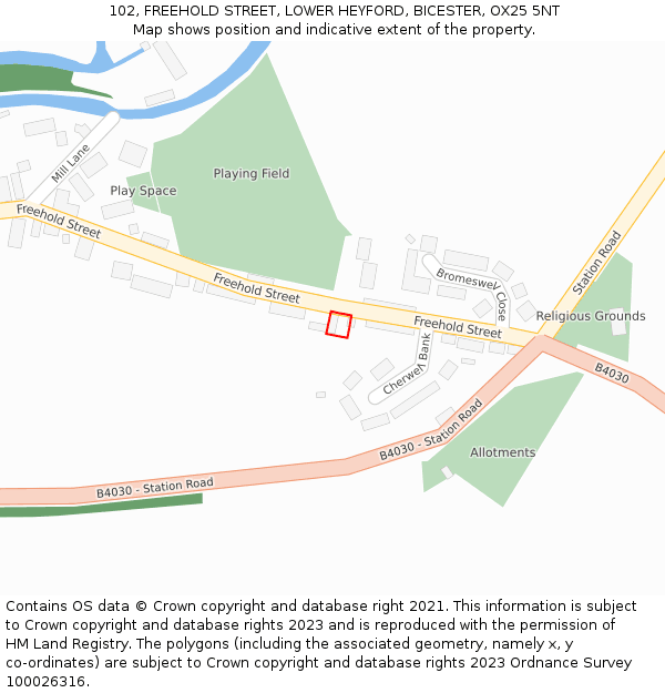 102, FREEHOLD STREET, LOWER HEYFORD, BICESTER, OX25 5NT: Location map and indicative extent of plot