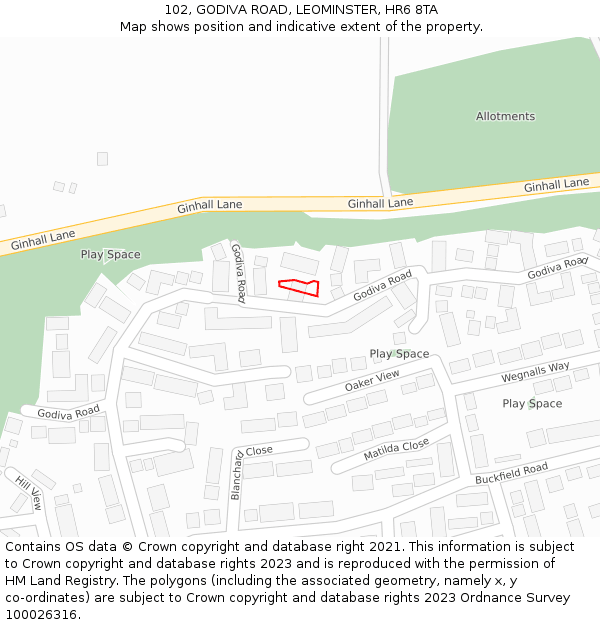 102, GODIVA ROAD, LEOMINSTER, HR6 8TA: Location map and indicative extent of plot