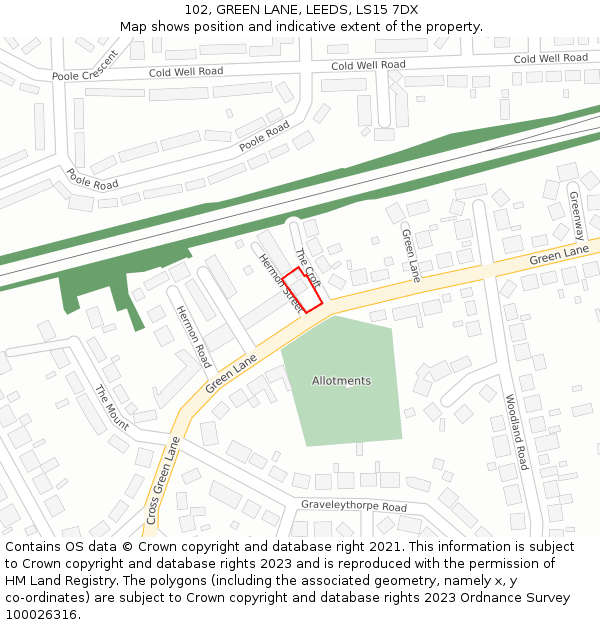 102, GREEN LANE, LEEDS, LS15 7DX: Location map and indicative extent of plot