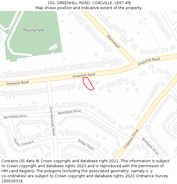 102, GREENHILL ROAD, COALVILLE, LE67 4RJ: Location map and indicative extent of plot