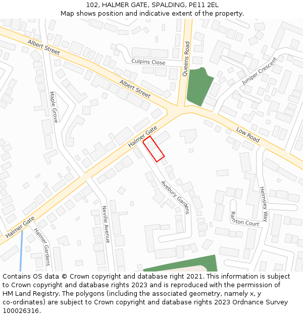 102, HALMER GATE, SPALDING, PE11 2EL: Location map and indicative extent of plot