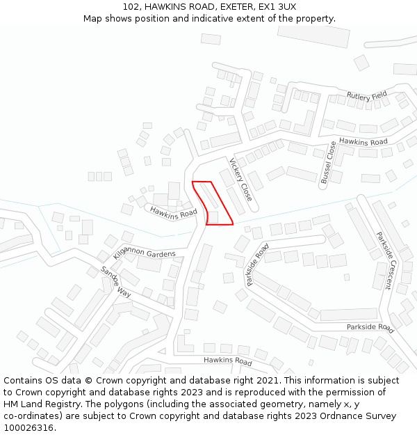 102, HAWKINS ROAD, EXETER, EX1 3UX: Location map and indicative extent of plot