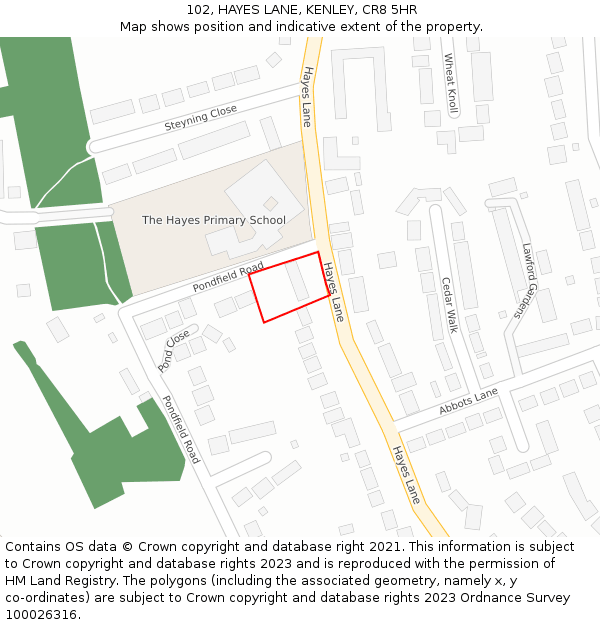 102, HAYES LANE, KENLEY, CR8 5HR: Location map and indicative extent of plot