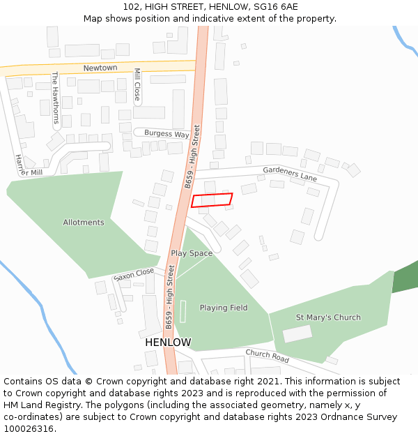 102, HIGH STREET, HENLOW, SG16 6AE: Location map and indicative extent of plot