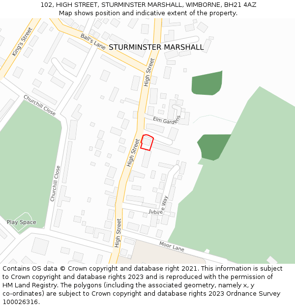 102, HIGH STREET, STURMINSTER MARSHALL, WIMBORNE, BH21 4AZ: Location map and indicative extent of plot