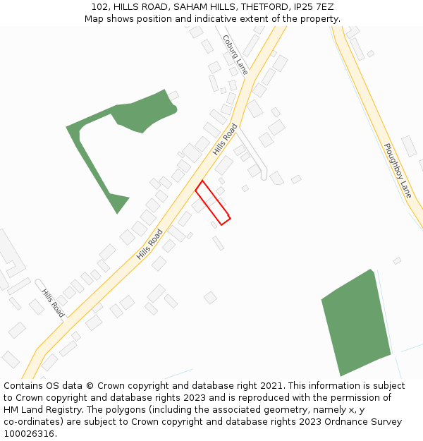 102, HILLS ROAD, SAHAM HILLS, THETFORD, IP25 7EZ: Location map and indicative extent of plot