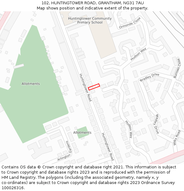 102, HUNTINGTOWER ROAD, GRANTHAM, NG31 7AU: Location map and indicative extent of plot