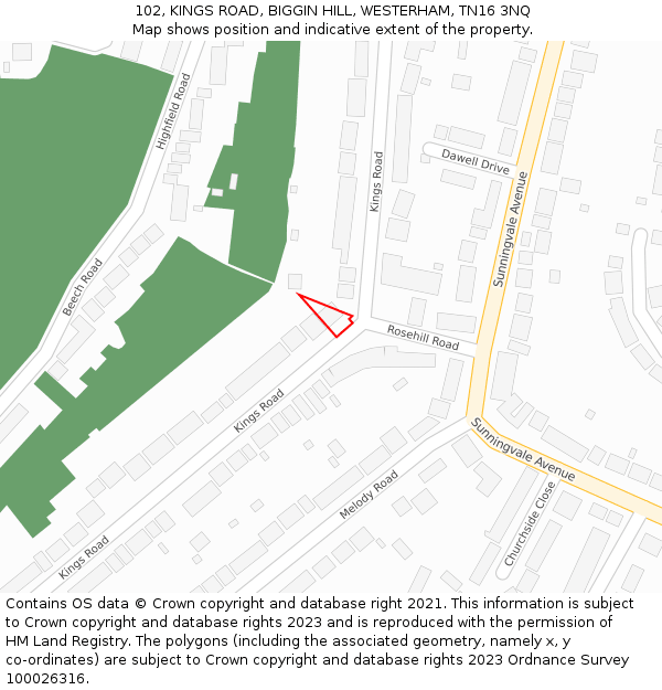 102, KINGS ROAD, BIGGIN HILL, WESTERHAM, TN16 3NQ: Location map and indicative extent of plot