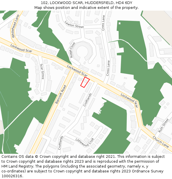 102, LOCKWOOD SCAR, HUDDERSFIELD, HD4 6DY: Location map and indicative extent of plot