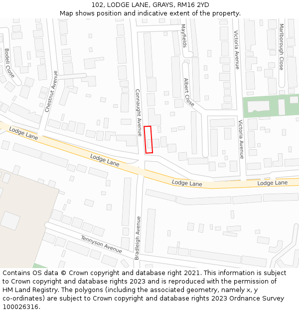 102, LODGE LANE, GRAYS, RM16 2YD: Location map and indicative extent of plot