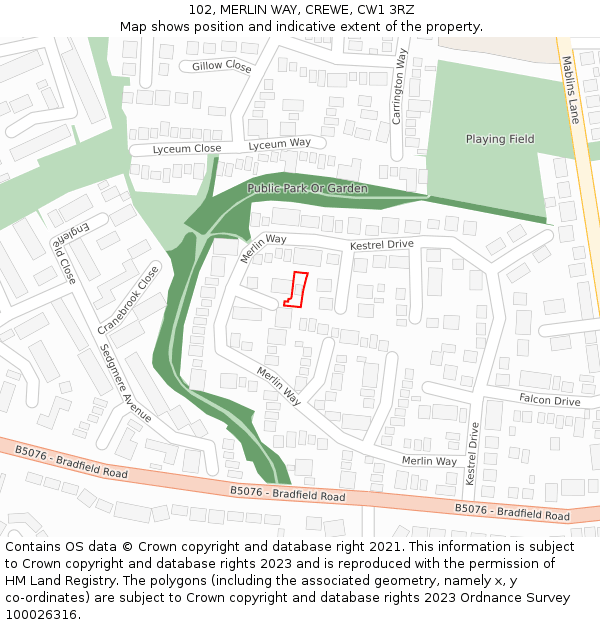 102, MERLIN WAY, CREWE, CW1 3RZ: Location map and indicative extent of plot