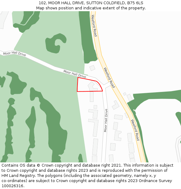 102, MOOR HALL DRIVE, SUTTON COLDFIELD, B75 6LS: Location map and indicative extent of plot