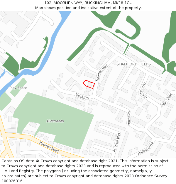 102, MOORHEN WAY, BUCKINGHAM, MK18 1GU: Location map and indicative extent of plot