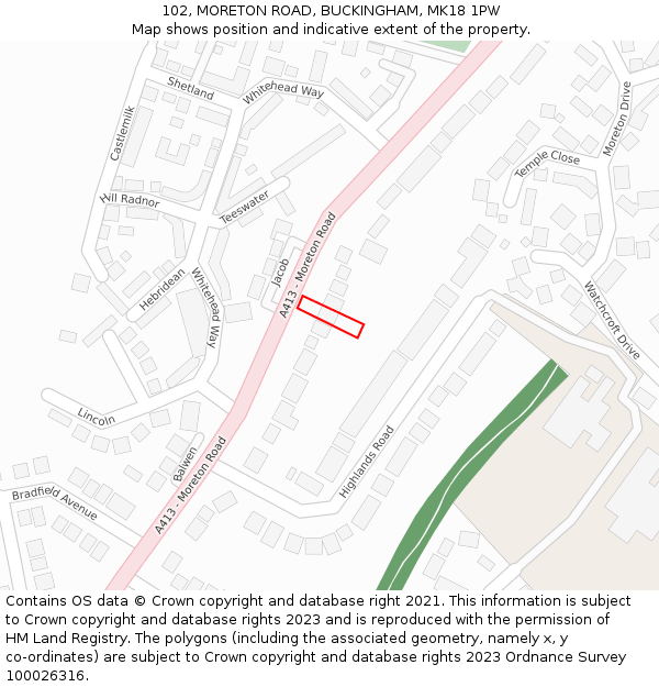 102, MORETON ROAD, BUCKINGHAM, MK18 1PW: Location map and indicative extent of plot