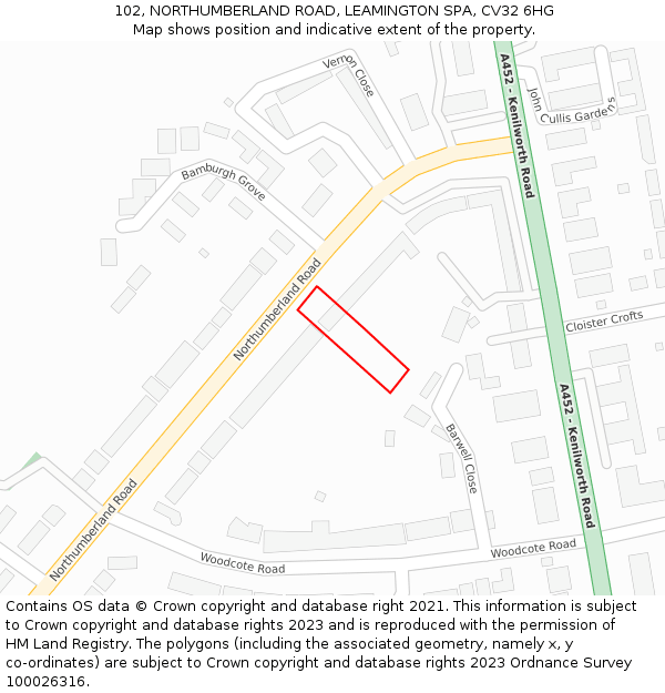 102, NORTHUMBERLAND ROAD, LEAMINGTON SPA, CV32 6HG: Location map and indicative extent of plot