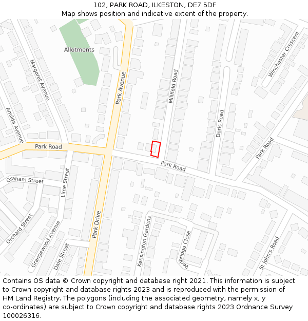 102, PARK ROAD, ILKESTON, DE7 5DF: Location map and indicative extent of plot