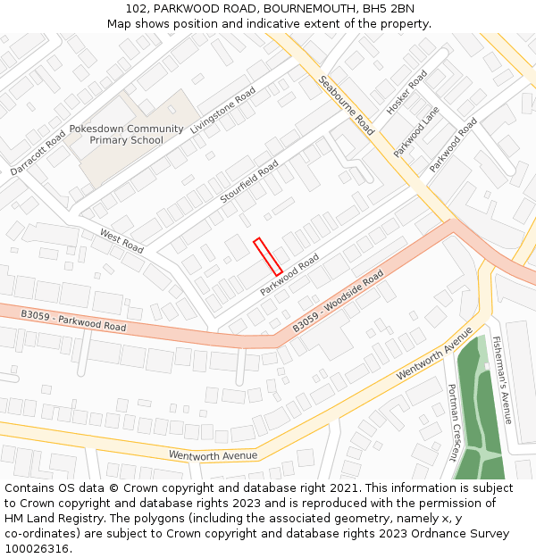 102, PARKWOOD ROAD, BOURNEMOUTH, BH5 2BN: Location map and indicative extent of plot