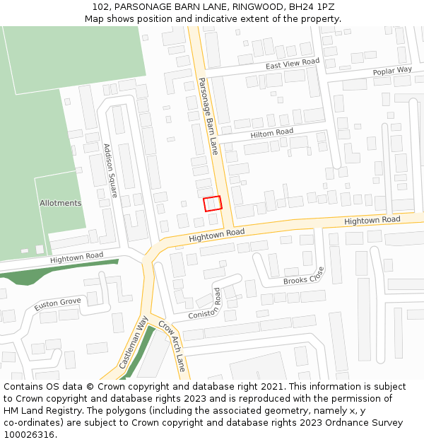 102, PARSONAGE BARN LANE, RINGWOOD, BH24 1PZ: Location map and indicative extent of plot