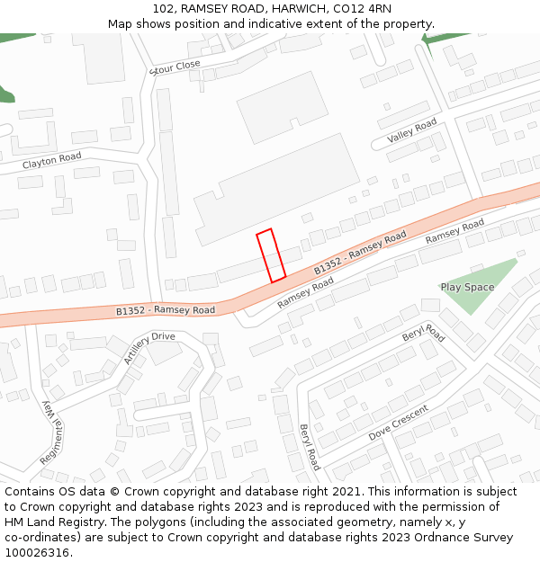 102, RAMSEY ROAD, HARWICH, CO12 4RN: Location map and indicative extent of plot