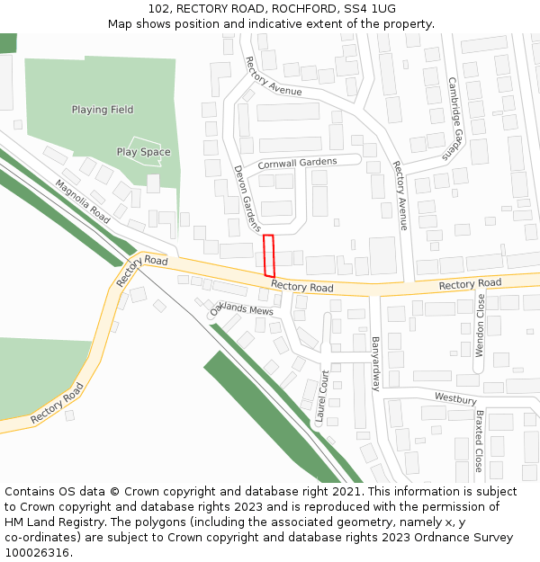 102, RECTORY ROAD, ROCHFORD, SS4 1UG: Location map and indicative extent of plot