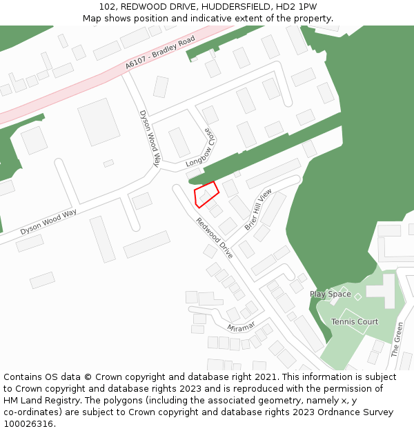 102, REDWOOD DRIVE, HUDDERSFIELD, HD2 1PW: Location map and indicative extent of plot