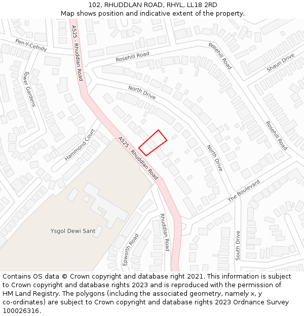 102, RHUDDLAN ROAD, RHYL, LL18 2RD: Location map and indicative extent of plot