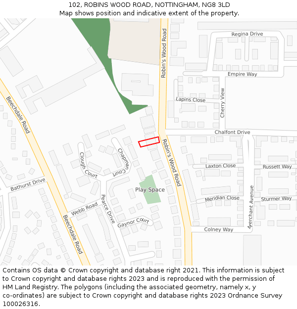 102, ROBINS WOOD ROAD, NOTTINGHAM, NG8 3LD: Location map and indicative extent of plot