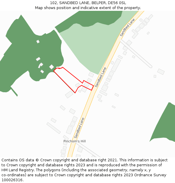 102, SANDBED LANE, BELPER, DE56 0SL: Location map and indicative extent of plot