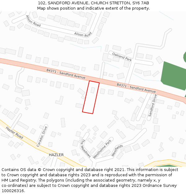 102, SANDFORD AVENUE, CHURCH STRETTON, SY6 7AB: Location map and indicative extent of plot