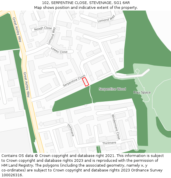 102, SERPENTINE CLOSE, STEVENAGE, SG1 6AR: Location map and indicative extent of plot