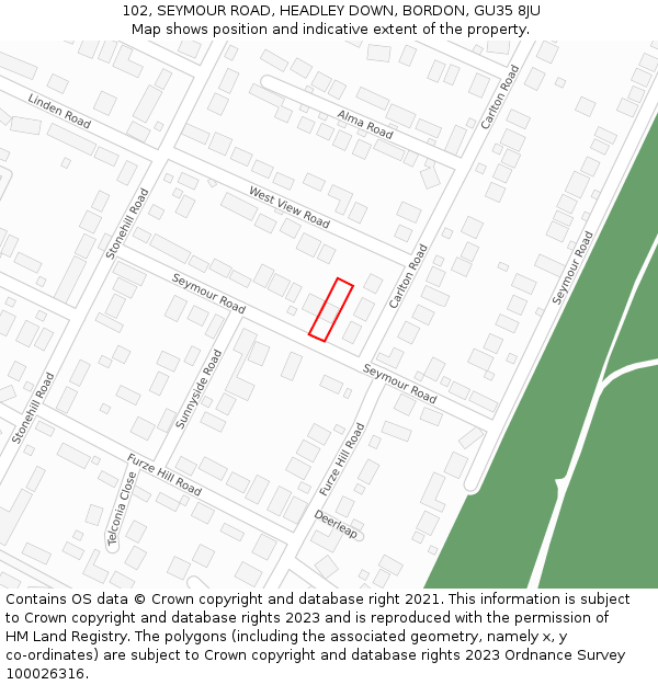 102, SEYMOUR ROAD, HEADLEY DOWN, BORDON, GU35 8JU: Location map and indicative extent of plot