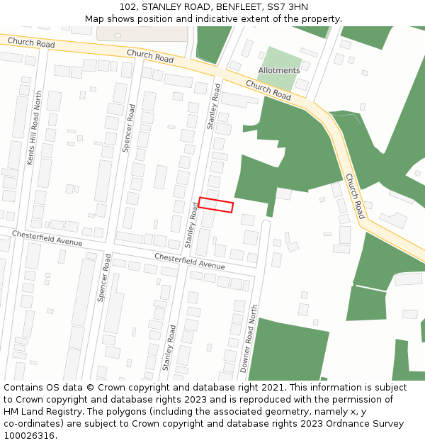 102, STANLEY ROAD, BENFLEET, SS7 3HN: Location map and indicative extent of plot