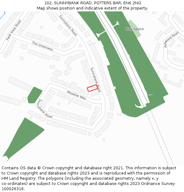 102, SUNNYBANK ROAD, POTTERS BAR, EN6 2NG: Location map and indicative extent of plot