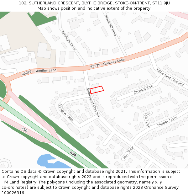 102, SUTHERLAND CRESCENT, BLYTHE BRIDGE, STOKE-ON-TRENT, ST11 9JU: Location map and indicative extent of plot