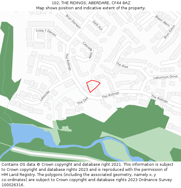 102, THE RIDINGS, ABERDARE, CF44 8AZ: Location map and indicative extent of plot