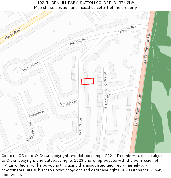 102, THORNHILL PARK, SUTTON COLDFIELD, B74 2LW: Location map and indicative extent of plot