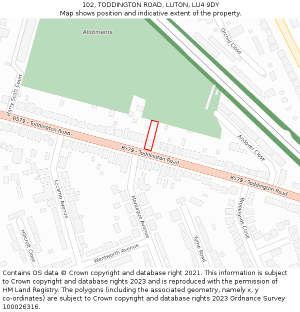 102, TODDINGTON ROAD, LUTON, LU4 9DY: Location map and indicative extent of plot