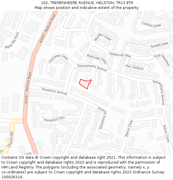 102, TREMENHEERE AVENUE, HELSTON, TR13 8TR: Location map and indicative extent of plot